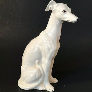 White Greyhound Dog Figurine Porcelain 7 1/2 " Brown Eyes Black Nose Vintage