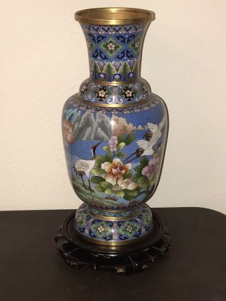 Large Antique Chinese Cloisonné Vase On Hand Carved Wood Stand 16 Inches Tall