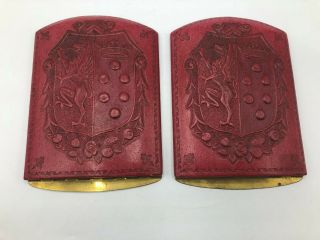 Pair Red Coat Of Arms Shield Griffin Crown Bookends Italy Hinged Folding Vtg W3