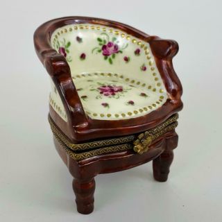 Limoges France Cream Brown Pink Floral Fauteuil Chair Gold Porcelain Trinket Box
