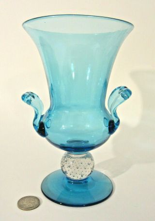 Pairpoint Art Glass Marina Blue Crystal Bubble Ball Stem 7.  25 " Footed Urn Vase