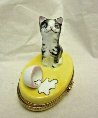 Peint Main Porcelain Cat Kitten Spilled Milk Trinket Box Limoges Jacques Numberd