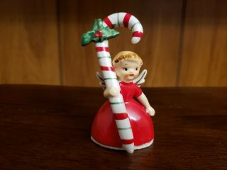 Vtg Napco 1956 Christmas Candy Cane Girl Angel Bell Figurine W/ Red Dress