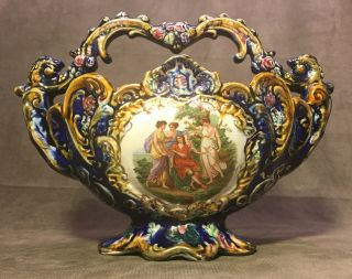 Vintage Antique Royal Vienna Style Porcelain Portrait Vase Cobalt Blue Gold R - 28