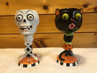 Rare Dept 56 Halloween Google Eyed Skeleton & Cat Tealight Holder Goblets