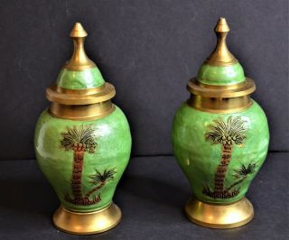 Vintage India Cloisonne Enamel/brass 8 " X 3 " Ginger Jar/urn/vase W/lid Set Of 2