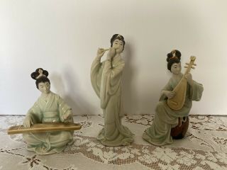 3 Vintage Asian Geisha Girls Ceramic Figurines Playing Musical Instruments