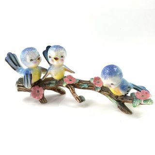Vintage Lefton Norcrest Bluebird 3 Birds Sitting On Cherry Branch Figurine