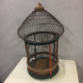 Vintage Bird Cage Wood Wire Bohemian Metal Dome Antique Wooden House Display