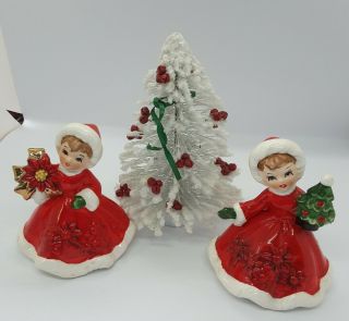 Vintage Lefton Christmas Girls In Red Dress Poinsettia W White Bottle Brush Tree