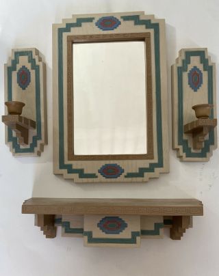 (4 Pc Set) Homco Burwood Southwestern Mirror Wall Shelf & Candle Holder Sconces