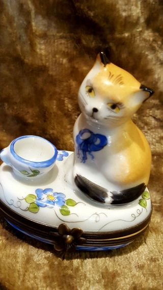 Vintage Limoges Trinket Box Cat W/ Tea And Mouse Peint Mein Signed