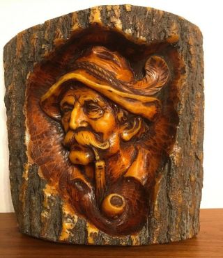 Vintage Hand Carved Wax Sculpture Art Beard Man Pipe Tree Trunk Figure 10 " X 10 "
