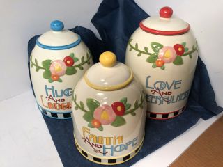 Mary Englebreit Recipe For Happiness Canister Set 3 2003 Retired Red Blue Yellow