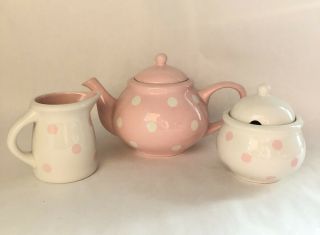 Terramoto Ceramic Pink White Polka Dot Tea Set Pot Kettle Creamer Sugar Bowl
