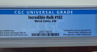INCREDIBLE HULK 102 Marvel Comics 1968 CGC 5.  0 Hulk Origin Retold 2