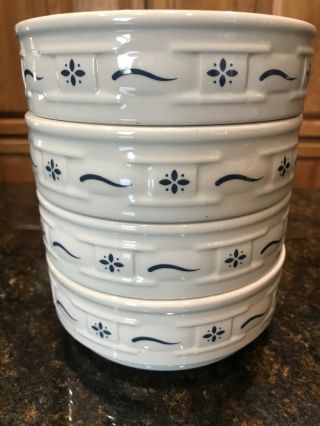 Set Of 4 Longaberger Pottery Woven Traditions Blue Stacking Cereal Soup Bowls