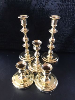 5 Vintage Baldwin Brass Candlesticks 2 - 7 1/2”,  1 - 4 1/2” & 2 - 3”