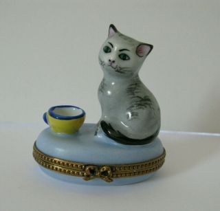 Gray Cat Limoges Box.  France.  Signed