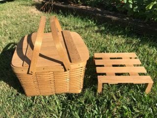 Large Woven Wood Picnic Basket W/ Tray Shelf Insert Stamped B Vtg Wicker
