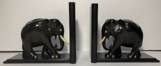 Vintage Ebony Wood,  Hand Carved,  Elephant With Tusks Bookends.  61/2” X 71/2”