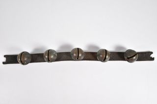 5 Antique Etched Brass Sleigh Bells On A Vintage 14 " Leather Strap 1 - 1/4 " Bells