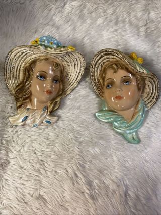 Vintage 2 Girl Lady Face Head Bust Wall Mask Plaque Chalkware E5