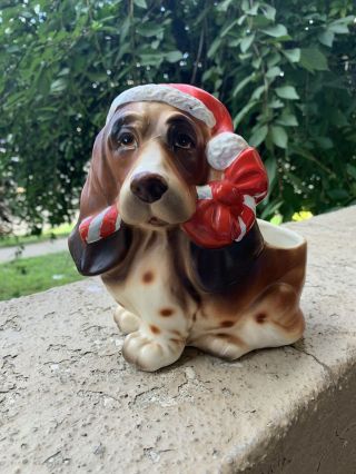 Vintage Lefton Ceramic Basset Hound Dog Christmas Planter