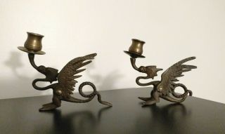 Pair Antique Brass Dragon Chamber Throne Candle Sticks Winged Griffin Game