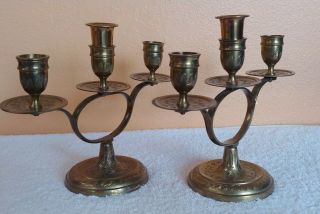 Vintage Ornate Brass Candelabras 3 Arms Candle Stick Holders 6.  5 " Tall