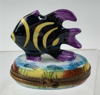 Hp Limoges France Porcelain Trinket Box W/ Striped Fish On Lid