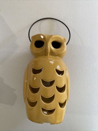 Vintage 1960 - 1970s Ceramic Owl Candle Votive Holder Hanging Lantern Yellow