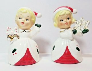 Vintage Japan Christmas Blonde Girls Salt Pepper Shakers Snowflake Jingle Bells