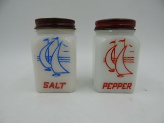 Tipp City Salt And Pepper Shakers Milk Glass Sailboats Vintage