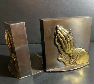 Vtg Pair Set Bronze Brass Mid Century Religious Bookends Praying Hands Jesus