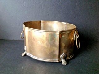 Vtg India 3 Lbs Solid Brass Planter Pot W/lion Heads Ring Handles & Claw Footed