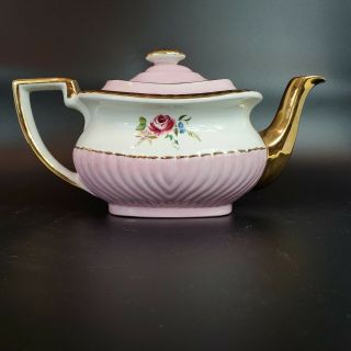 Antique Gibsons Staffordshire England Gold Trimmed Pink White Floral Teapot 2