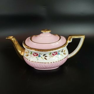 Antique Gibsons Staffordshire England Gold Trimmed Pink White Floral Teapot 3