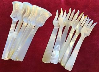Vintage Set of 6 Hand Carved Mother of Pearl Caviar Spoons & Forks 5 
