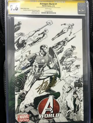 Cgc 9.  6 Signed 2x Stan Lee Arthur Adams Sketch Cover Variant Avengers World 1