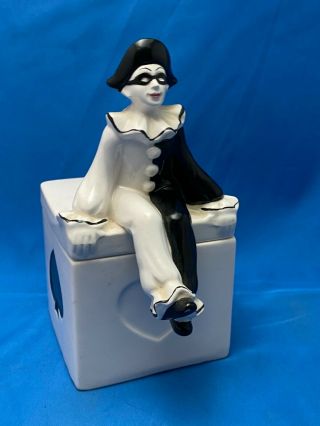 Vintage Black & White Ceramic Or Porcelain Clown On Square Trinket Box