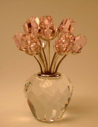 Swarovski Crystal Dozen Pink Roses Flower Bouquet In Vase 7485 Signed