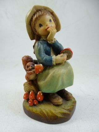 Vintage Hand Carved Wood Anri Figurine Girl Mushroom Squirrel 260/3000 Le 4.  5 " T