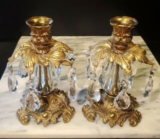 Pair Vtg Hollywood Regency Ornate Brass Glass Candlestick Holders Crystal Prisms