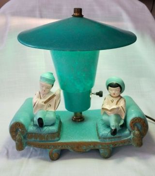 Vtg Tv Lamp Oriental Asian Couple Retro Aqua Chalkware