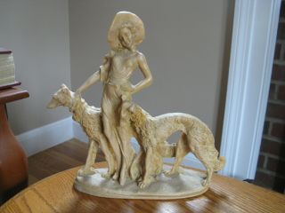 Vintage Resin 11 1/4 " Figurine Woman & 2 Borzoi Russian Wolfhound Dogs