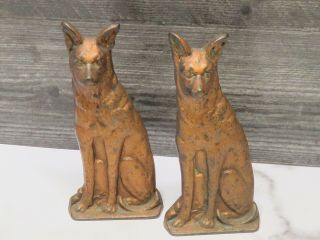 Pair Antique Vtg Bronzed Cast Iron Sitting German Shepherd Dog 6 3/8 " Bookends