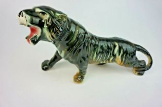 Mid Century Large Ceramic Roaring Tiger Black And White Console Figurine Jungle