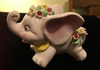 Rare Vintage Lefton Porcelain Ceramic Elephant Bank With Flowers