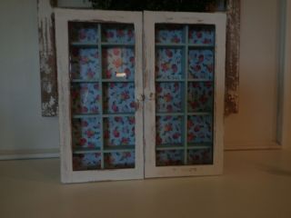 Ooak Vintage Wooden Wall Mount Curio Cabinet Glass Doors Shabby Chic White Paint